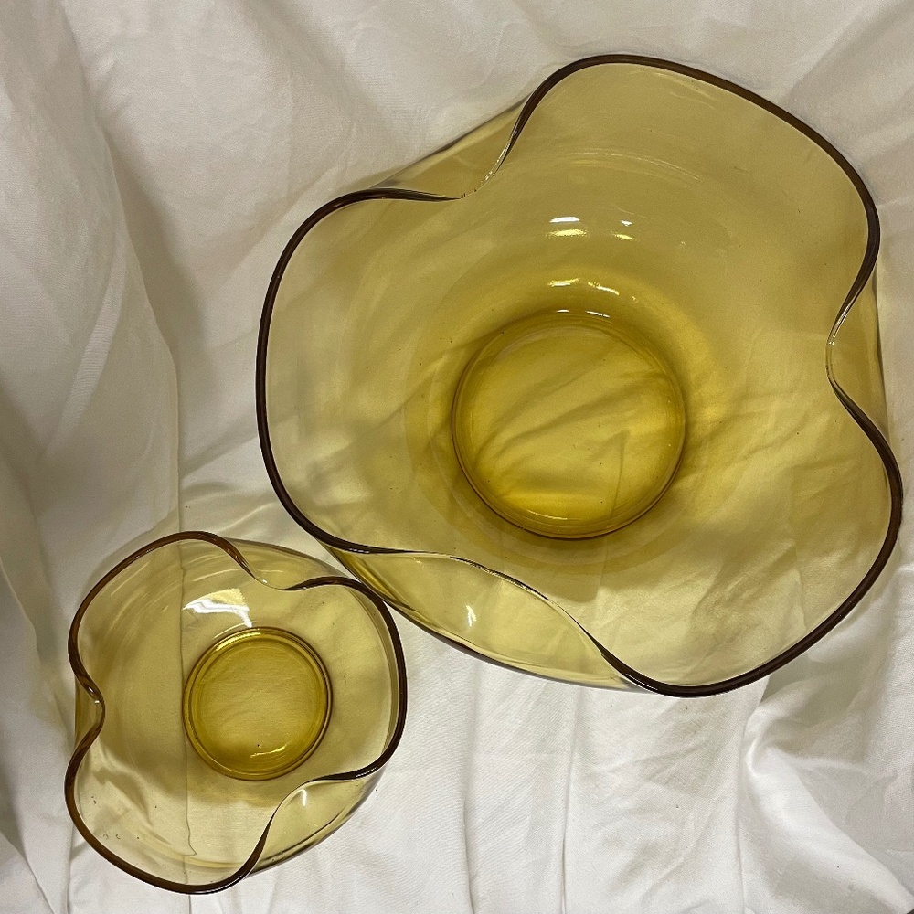 1960s Anchor Hocking Amber Pinched Glass Chip & Dip Set